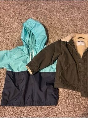Old Navy Teal and Navy Hooded Colorblock Raincoat + Olive Sherpa-Lined Jacket